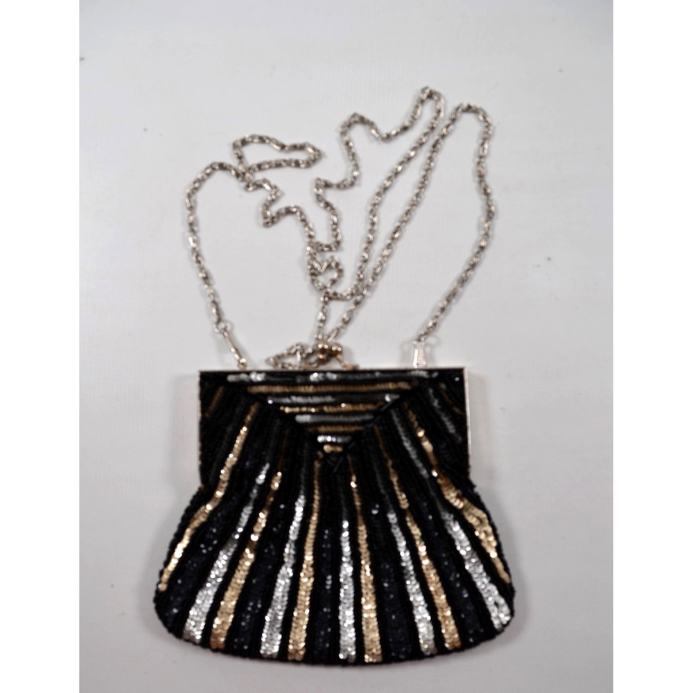 Vtg Gold Silver Sequined Beaded Handbag Purse Evening Purse Handmade Hong Kong